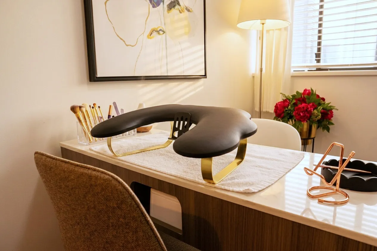 Brushes, files and a padded arm rest laid out on the manicure desk, with fresh flowers by the window